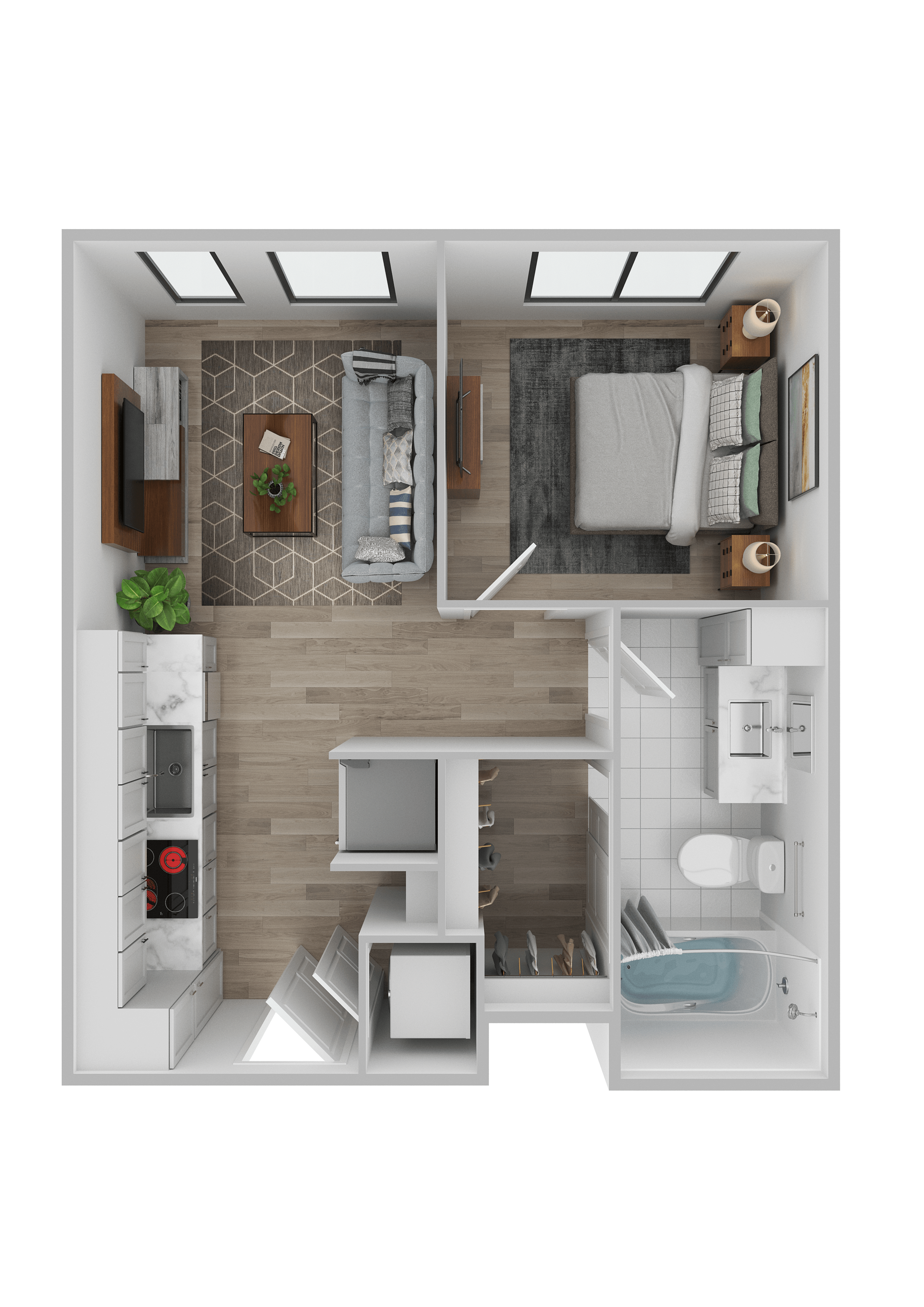 Floor plan for 1 bed, 1 bath, 461 sqft